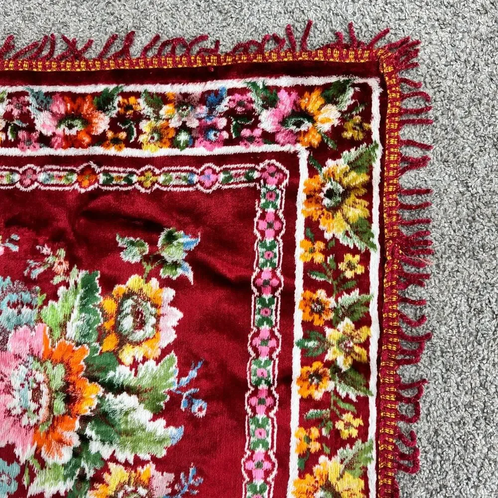 Vintage Italian Velvet Floral Tapestry Wall Rug Bedspread Red 58 x 88 inches